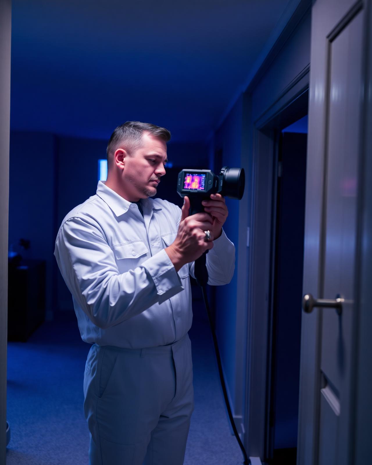 Restoration technician assessing damage with a thermal camera
